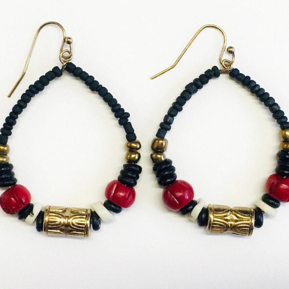 Boho Hoop Earrings with Black, Red, Gold Beads, Metal